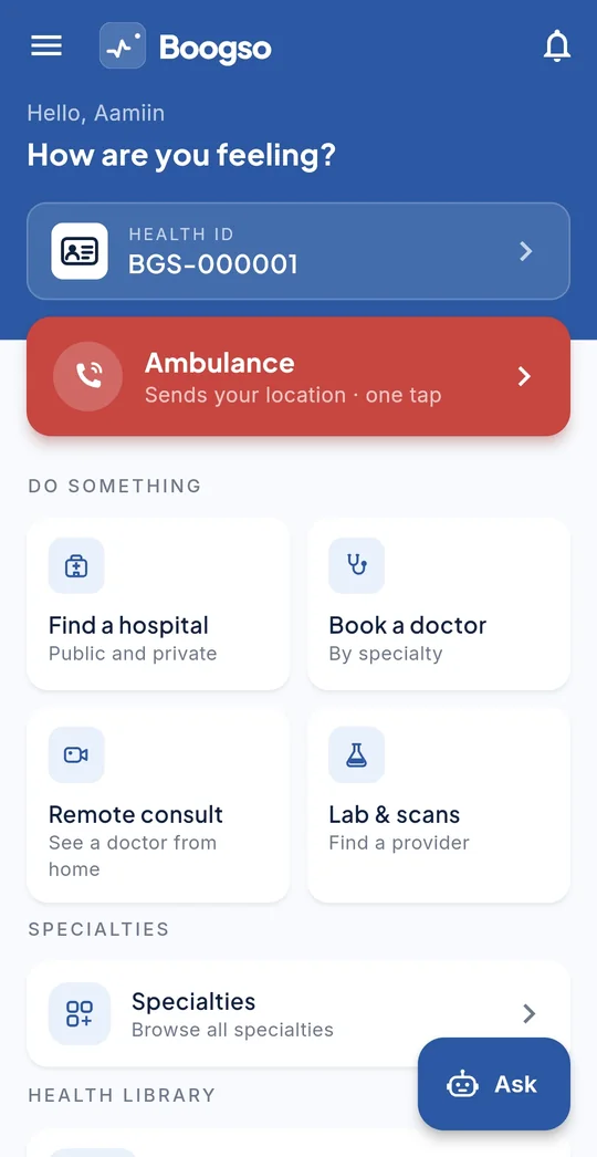 The Boogso app home screen in English: Health ID, Ambulance, Find a hospital, Book a doctor, Remote consult, Lab & scans