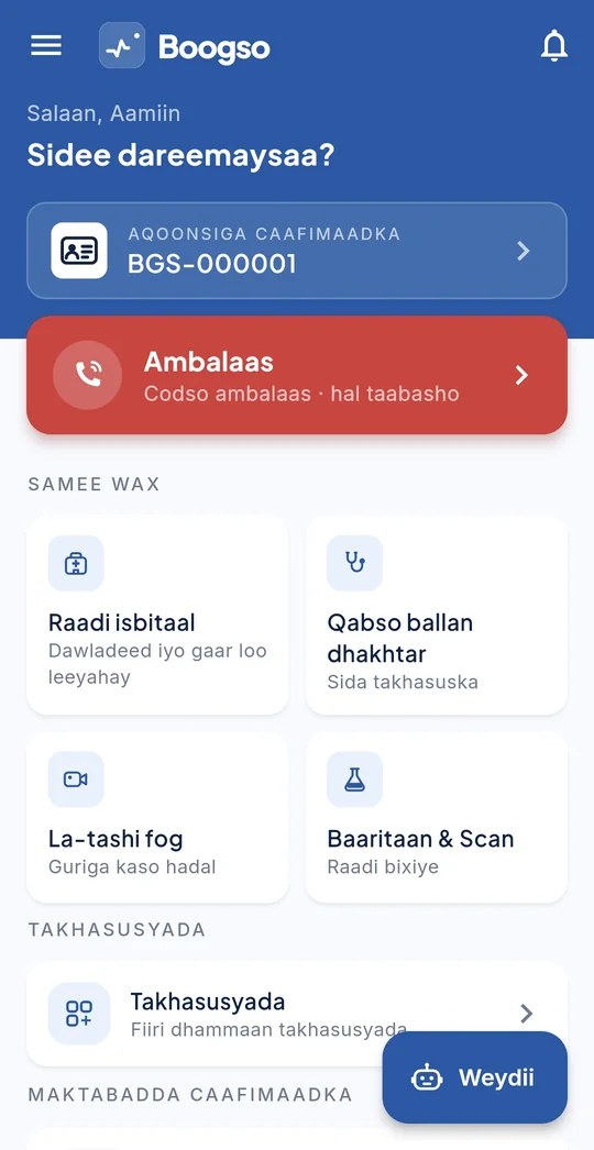 Boogso app home screen in Somali: Aqoonsiga Caafimaadka, Ambalaas, Raadi isbitaal, Qabso ballan dhakhtar, La-tashi fog, Baaritaan & Scan